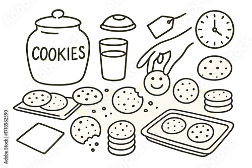Cookie Jar Doodle. Hand-drawn doodle illustration Cookie jar and snacks [cookie jar, lid, spilled cookies, broken cookie, crumbs, bite mark, glass of milk,