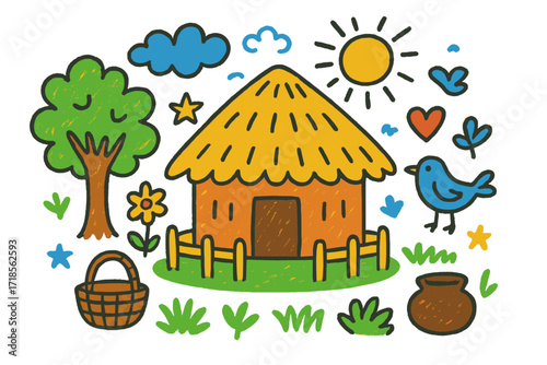 Colorful Doodle Hut Scene. Traditional hut. Colorful Hand-drawn doodle Children illustration hut, thatched roof, tree, basket, pot, sun, cloud, flower, leaf,
