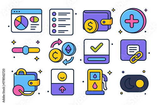 Crypto Wallet Icon Set. Colorful isometric vector icons set of crypto wallet user interface: dashboard with portfolio pie chart, recent transactions list,