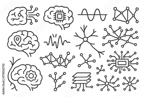 Brain Computing Sketch. Hand-drawn doodle illustration Brain-inspired computing [brain, neural link, chip inside brain, energy wave, connection map, cortex