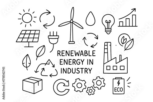 Renewable Energy Icons. Renewable energy in industry. Hand-drawn doodle illustration renewable energy in industry solar panel, wind turbine, factory, plug,