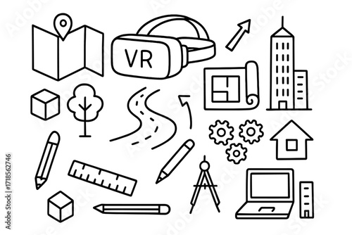 VR Urban Planning Doodles. Hand-drawn doodle illustration VR urban planning VR headset, map, road, tree, cube, skyscraper, blueprint, ruler, pencil, arrow,