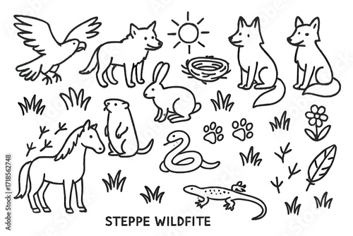 Steppe Wildlife Doodles. Hand-drawn doodle illustration steppe wildlife eagle, wolf, fox, hare, marmot, horse, snake, lizard, grass tufts, flower, bird tracks,