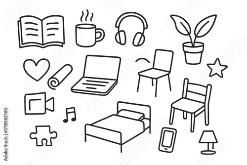 Pandemic Home Leisure Objects. Hand-drawn doodle illustration Leisure at home during pandemic book, coffee mug, laptop, headphones, plant, yoga mat, heart,