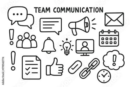 Communication Tools Icons. Hand-drawn doodle illustration [Team communication] speech bubbles, chat box, megaphone, envelope, group icon, calendar, video call,