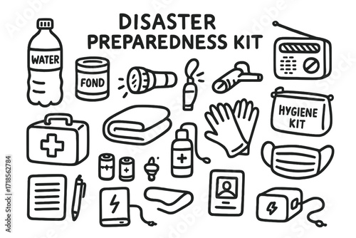 Disaster Kit Essentials. Hand-drawn doodle illustration [Disaster preparedness kit] water bottle, canned food, flashlight, radio, first aid kit, batteries,