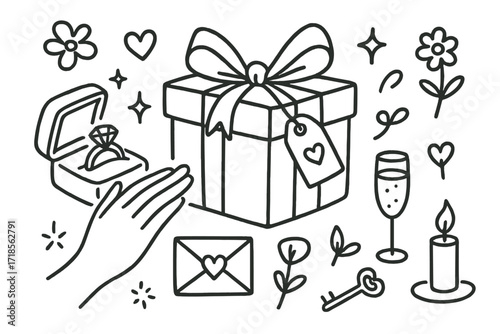 Romantic Gift Doodle. Hand-drawn doodle illustration Romantic gift with a ring [ring, jewelry box, ribbon, bow, gift tag, sparkle, heart, flower, star, swirl,