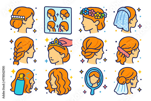 Wedding Hairstyle Icons. Colorful isometric vector icons set of wedding hair tutorial: pearl clip, low bun steps, flower crown, lace veil, romantic braid,