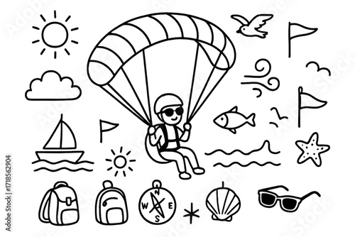 Paragliding Adventure Doodle. Hand-drawn doodle illustration paragliding over sea paraglider, parachute, wave, fish, sun, cloud, boat, bird, starfish, shell,
