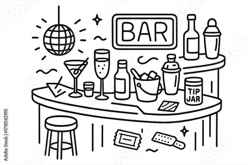 Nightclub Essentials Doodle. Nightclub bar corner. Hand-drawn doodle illustration nightclub bar corner cocktail glass, champagne flute, ice bucket, neon light,