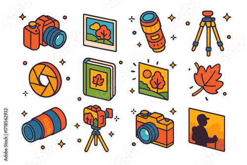 Photography Icon Set. Colorful isometric vector icons set of photography during fall hikes: DSLR camera, nature photo print, photo lens, tripod, shutter icon,