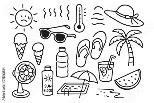 Summer Essentials Doodle. Hand-drawn doodle illustration [Summer heat] [sun, thermometer, wavy heat lines, ice cream, sunglasses, sun hat, fan, water bottle,