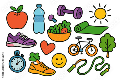 Healthy Lifestyle Icons. Healthy lifestyle. Colorful Hand-drawn doodle Children illustration apple, water bottle, dumbbell, yoga mat, sneakers, heart, salad