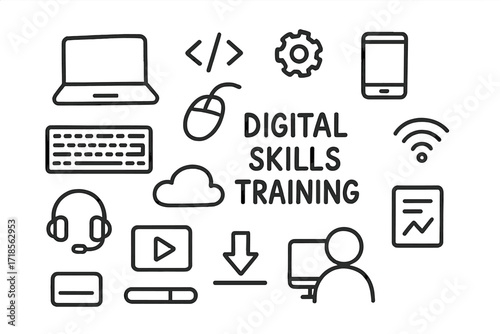 Digital Skills Icons. Hand-drawn doodle illustration digital skills training laptop, mouse, keyboard, code symbol, gear, smartphone, cloud, video play icon,