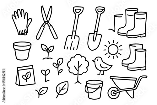 Garden Tools Doodle. Hand-drawn doodle illustration Gloves for outdoor work gloves, hedge clippers, rake, shovel, watering can, boots, pot, seed packet,