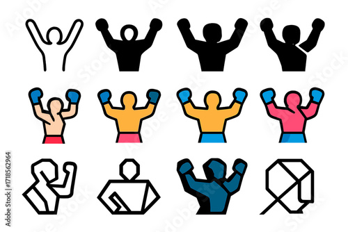 Fighter Victory Logos. Set Logo of Fighter Victory: victorious fighter silhouette. Logo set in vector style, emblematic variations. line, bold thick line,