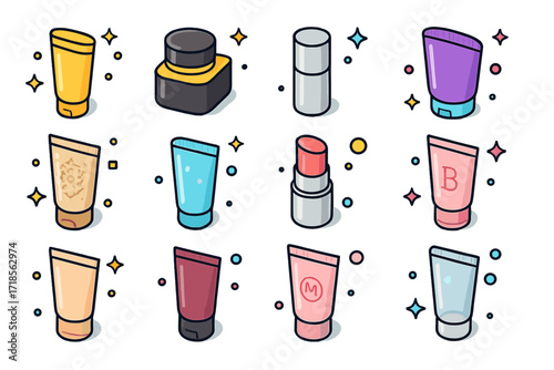Luxury Cosmetic Icons. Colorful isometric vector icons set of luxury cosmetic tube styles: gold-capped face mask, black and gold night cream, sleek silver