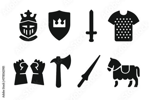 King's Armor Icons. Solid, filled icon set of king?s armor and weapons: helmet, shield, longsword, chainmail, gauntlets, battle axe, lance, war horse. Solid,
