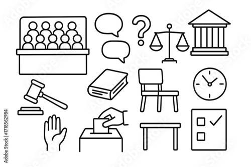 Jury Deliberation Icons. Hand-drawn doodle illustration jury deliberation jury box, people figures, speech bubbles, question mark, scales, courthouse, gavel,
