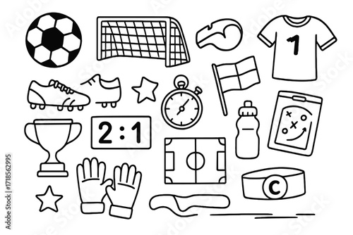 Soccer Doodle Icons. Hand-drawn doodle illustration soccer team activity soccer ball, goal net, whistle, jersey, cleats, referee flag, stopwatch, trophy, water