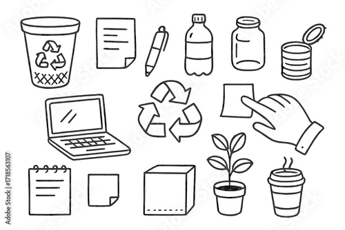 Office Recycling Doodles. Hand-drawn doodle illustration [Recycling in office] [trash bin, paper sheet, plastic bottle, glass jar, metal can, recycle symbol,
