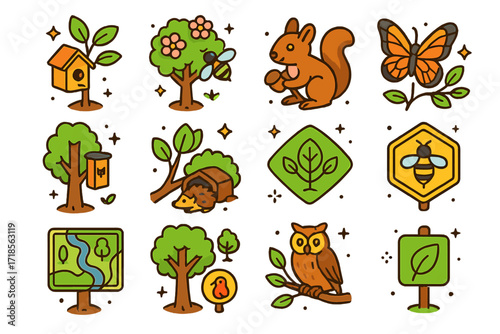 Tree Planting Icons. Colorful isometric vector icons set of Tree planting for wildlife: birdhouse in sapling, bee-friendly blossom tree, squirrel by trunk,
