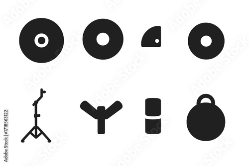 Ride Cymbal Icon Set. Solid, filled icon set of ride cymbal components: cymbal body, bell, edge, mounting hole, cymbal stand, wing nut, cymbal sleeve, cymbal
