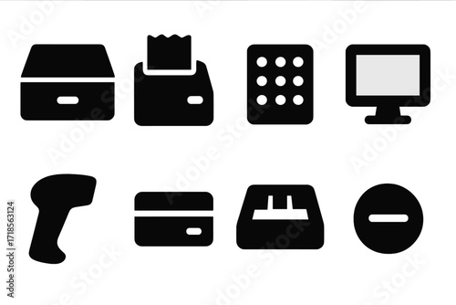 Cash Register Essentials. Solid, filled icon set of cash register components: cash drawer, receipt printer, keypad, display screen, barcode scanner, card