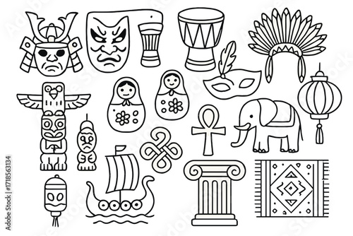 Diverse Cultural Icons. Hand-drawn doodle illustration Cultural icons Samurai helmet, Kabuki mask, African drum, Native American headdress, Totem pole, Russian