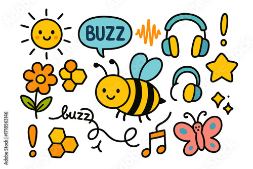 Busy Bee Doodle. Colorful Hand-drawn doodle Children illustration Buzz bee, honeycomb, buzzing lines, flower, sound wave, speech bubble, star, exclamation