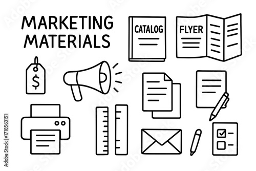 Marketing Doodle Elements. Marketing Materials. Hand-drawn doodle illustration catalog, flyer, brochure, poster, price tag, megaphone, paper sheets, printer,