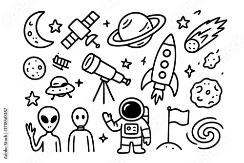Space Exploration Doodles. Hand-drawn doodle illustration Space observation Telescope, satellite, planet, moon, star, rocket, comet, asteroid, galaxy, UFO,