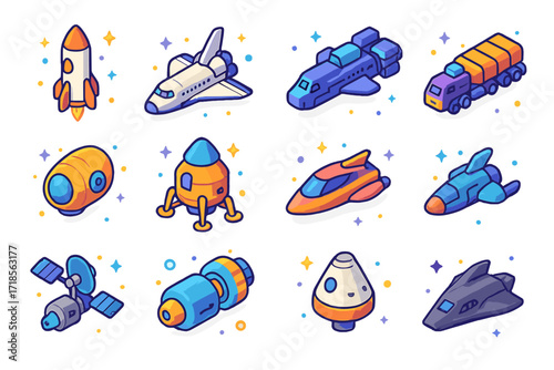 Colorful Spaceship Icons. Colorful isometric vector icons set of spaceship types: classic rocket, shuttle orbiter, interstellar cruiser, cargo freighter,