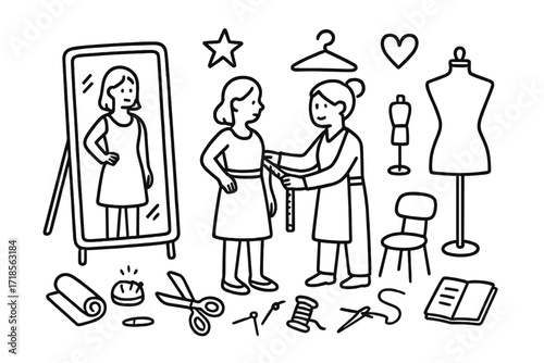 Fashion Workshop Doodle. Hand-drawn doodle illustration fashion fitting mirror reflection mirror, client figure, tailor, mannequin, measuring tape, scissors,