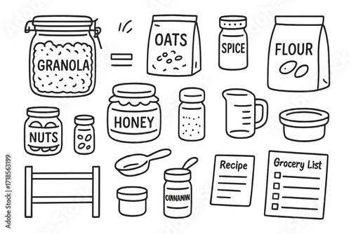 Pantry Essentials Doodle. Hand-drawn doodle illustration pantry essentials for granola airtight jar, oats, seeds pouch, nuts jar, honey, spice shaker, flour