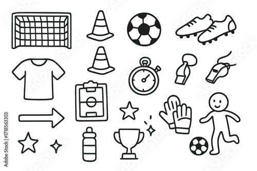 Soccer Training Icons. Hand-drawn doodle illustration Practice Drills [goal net, cones, soccer ball, cleats, jersey, stopwatch, clipboard, whistle, arrow,