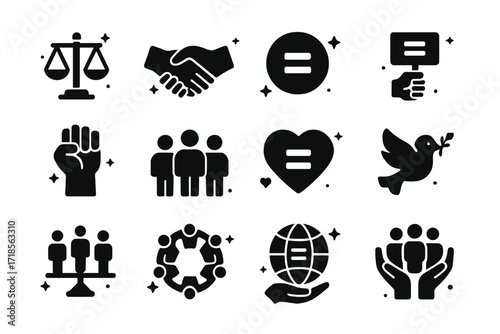 Icons of Social Equality. Social Equality. Solid icons set of justice scale, handshake, equality symbol, protest sign, raised fist, diverse group, heart with