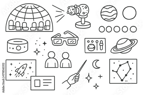 Planetarium Experience Doodles. Hand-drawn doodle illustration [planetarium experience] dome roof, seat rows, projector device, planet model, moon phase chart,
