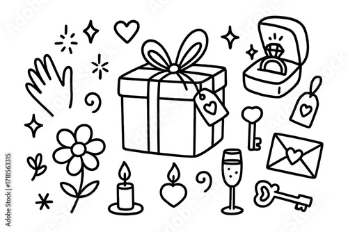 Romantic Gift Doodle. Hand-drawn doodle illustration Romantic gift with a ring [ring, jewelry box, ribbon, bow, gift tag, sparkle, heart, flower, star, swirl,