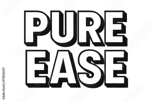 Pure Ease Design. Pure Ease ? Bold Block Lettering, stacked uppercase with thick geometric outlines and gentle drop shadows, clean and confident presence,
