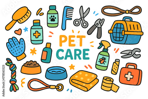 Pet Care Essentials. Pet Care. Colorful Hand-drawn doodle Children illustration Pet Care brush, shampoo, comb, scissors, pet carrier, leash, nail clippers,