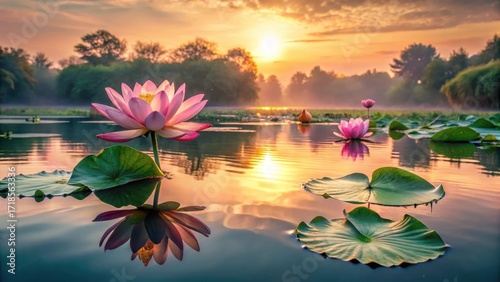 Serene sunrise paints the water with golden hues, reflecting the delicate beauty of pink lotus blossoms floating peacefully on the still surface.