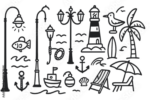 Seaside Doodle Icons. Hand-drawn doodle illustration Street lamps by the seaside [lamp post, lighthouse, seagull, fish, wave, seashell, anchor, rope, buoy,