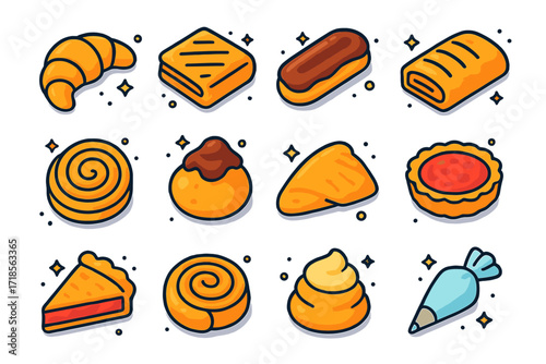 Colorful Pastry Icons. Pastry. Colorful isometric vector icons set of pastry: croissant, puff pastry, eclair, strudel, Danish swirl, profiterole, turnover,