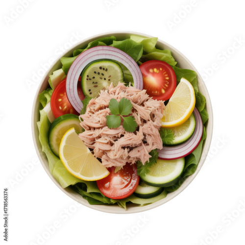 Fresh tuna salad with vegetables isolated on transparent background