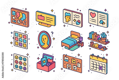 Isometric Identity Icons Set. Colorful isometric vector icons set of Personal identity development in home: identity collage board, nameplate with meaning,