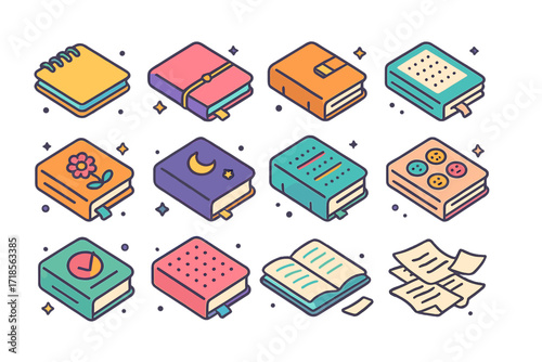 Colorful Notebook Icons. Colorful isometric vector icons set of notebooks and journals: spiral notebook, travel diary, leather journal, sketchbook with loose