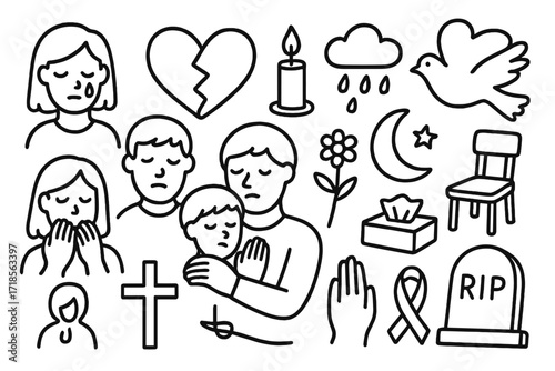 Grieving Family Icons. Hand-drawn doodle illustration grieving family people icons, tear, heart, candle, flower, dove, rain cloud, moon, star, tissue, chair,