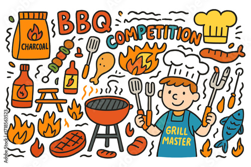Colorful BBQ Doodle. Colorful Hand-drawn doodle Children illustration Barbecue grill master competition barbecue grill, apron, chef hat, tongs, spatula, fork,