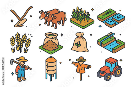 Farm Life Icons. Colorful isometric vector icons set of Farming in the Village: wooden plow, oxen pair, cornfield, rice paddy, wheat sheaves, compost pile,